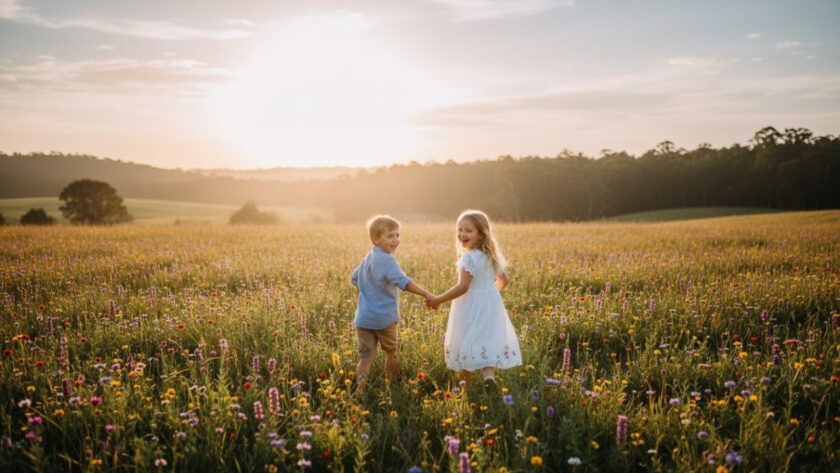 An epic moment of joyful children running through a sun-dappled field in Castella, capturing authentic kids photography Castella natural light, with warm golden hour light.