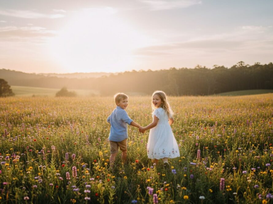 An epic moment of joyful children running through a sun-dappled field in Castella, capturing authentic kids photography Castella natural light, with warm golden hour light.