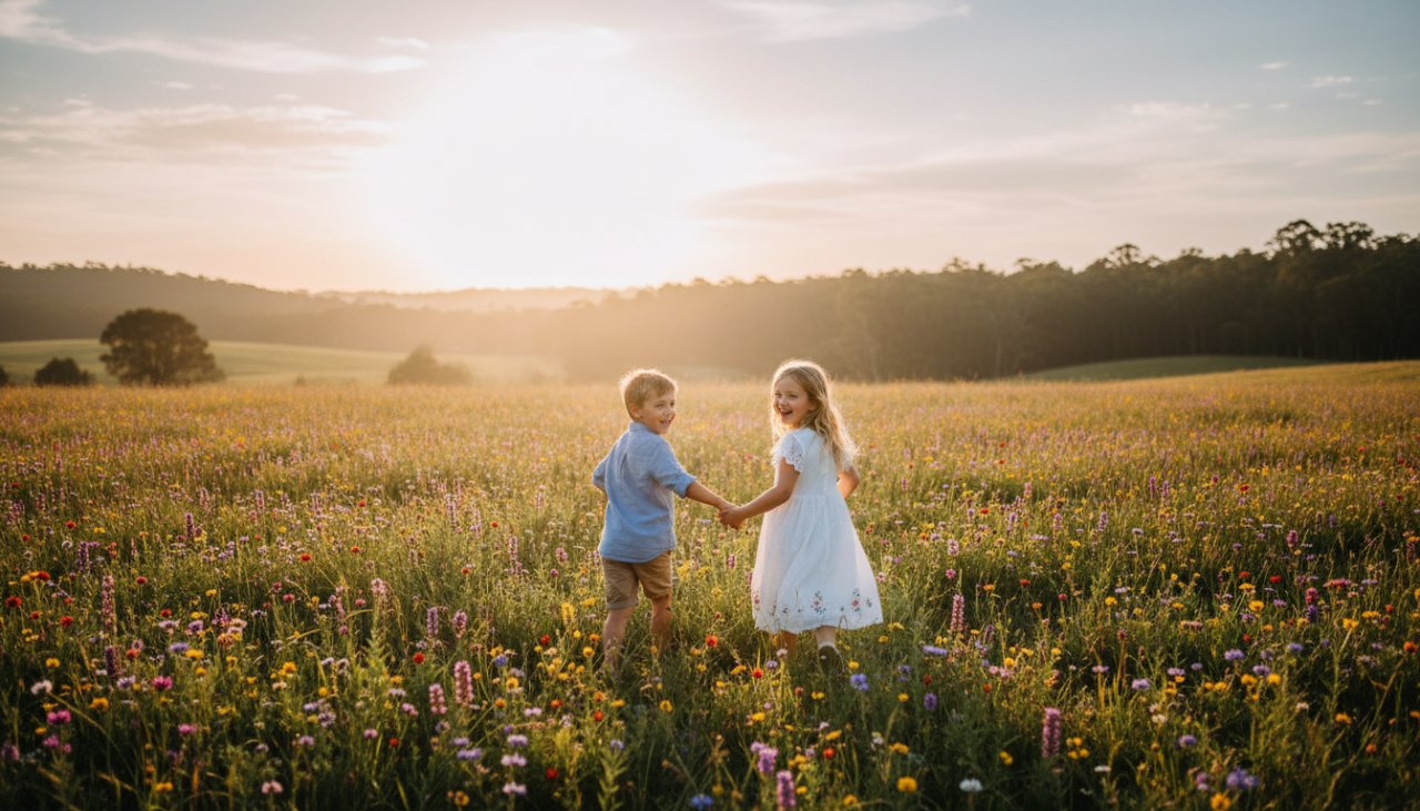 An epic moment of joyful children running through a sun-dappled field in Castella, capturing authentic kids photography Castella natural light, with warm golden hour light.