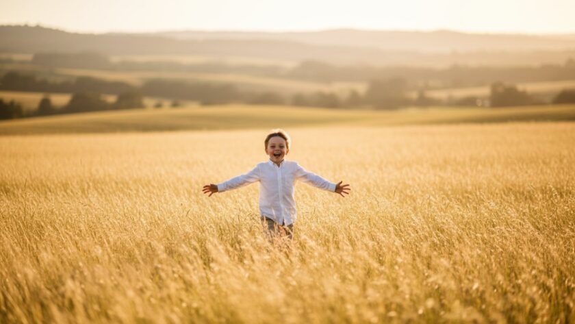 An epic moment of pure joy captured through authentic kids photography in Coldstream Victoria, featuring a child laughing wholeheartedly as they run through a sun-drenched field at sunset, their arms outstretched in glee.