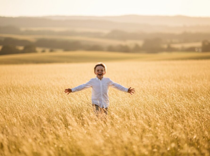 An epic moment of pure joy captured through authentic kids photography in Coldstream Victoria, featuring a child laughing wholeheartedly as they run through a sun-drenched field at sunset, their arms outstretched in glee.