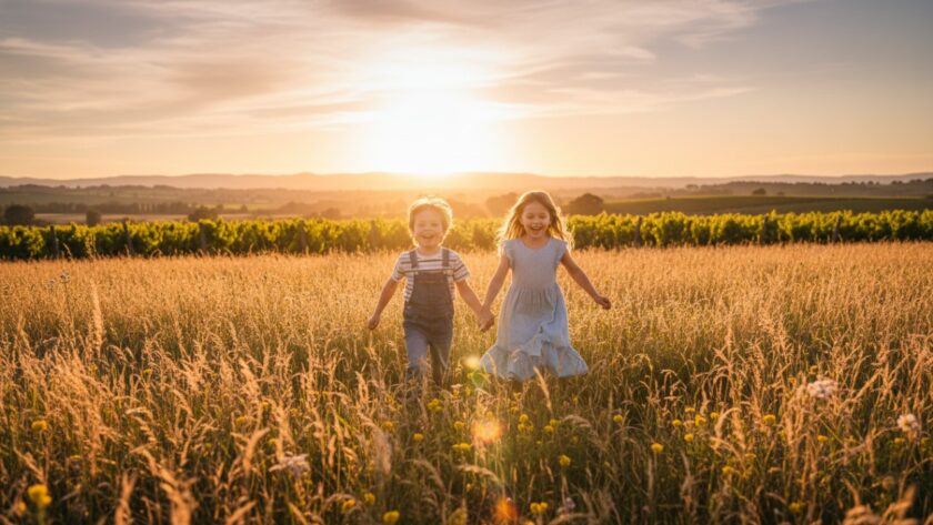 An epic moment of authentic kids photography Gruyere Yarra Valley, featuring two children laughing joyfully amidst a sun-drenched vineyard, with the rolling hills of the Yarra Valley in the background, capturing pure, unscripted happiness.