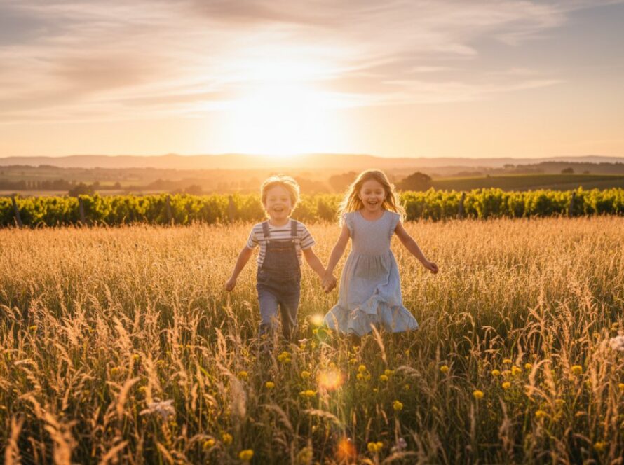 An epic moment of authentic kids photography Gruyere Yarra Valley, featuring two children laughing joyfully amidst a sun-drenched vineyard, with the rolling hills of the Yarra Valley in the background, capturing pure, unscripted happiness.