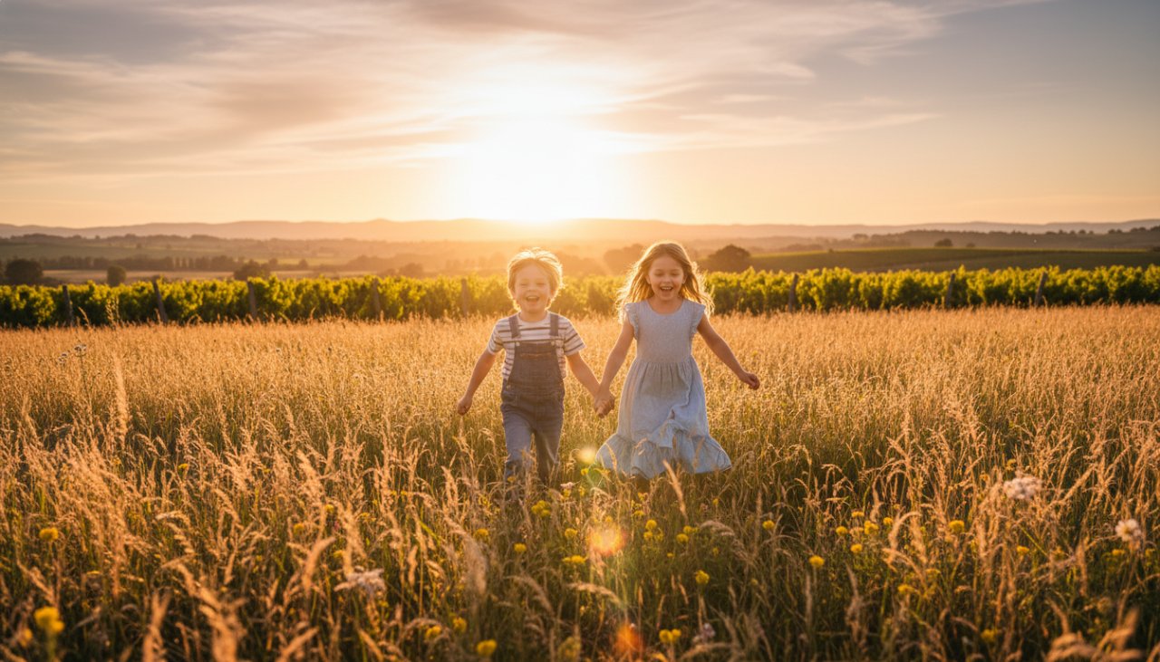 An epic moment of authentic kids photography Gruyere Yarra Valley, featuring two children laughing joyfully amidst a sun-drenched vineyard, with the rolling hills of the Yarra Valley in the background, capturing pure, unscripted happiness.