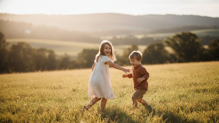An authentic kids photography moments Launching Victoria photo, showcasing two children laughing joyfully amidst the golden hour sunlight in a scenic paddock near the Launching Yarra River, celebrating pure, unposed childhood bliss.