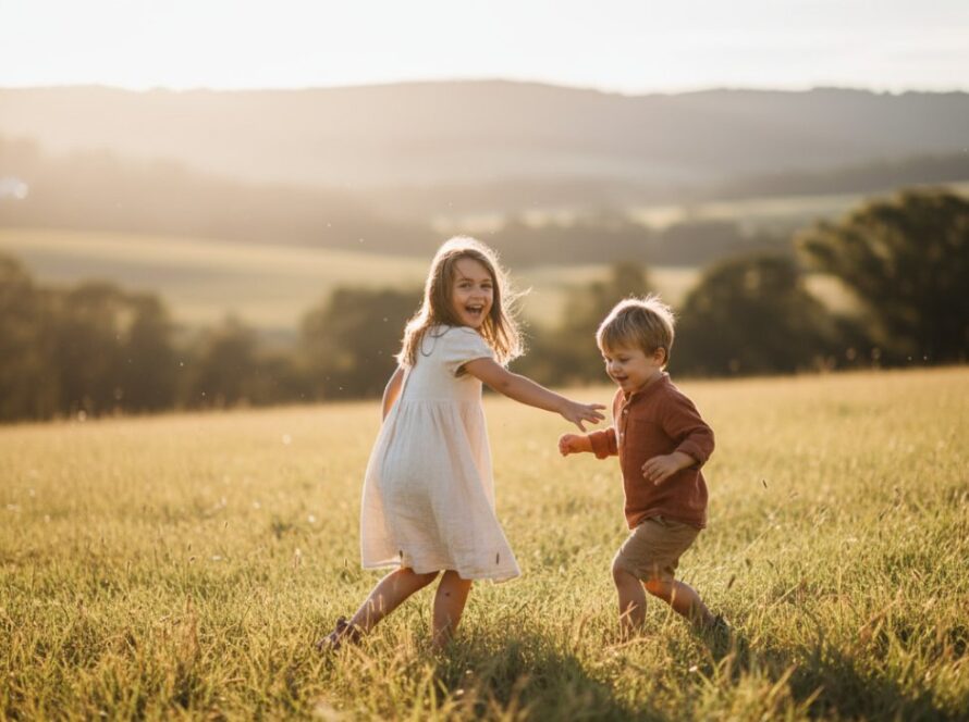 An authentic kids photography moments Launching Victoria photo, showcasing two children laughing joyfully amidst the golden hour sunlight in a scenic paddock near the Launching Yarra River, celebrating pure, unposed childhood bliss.