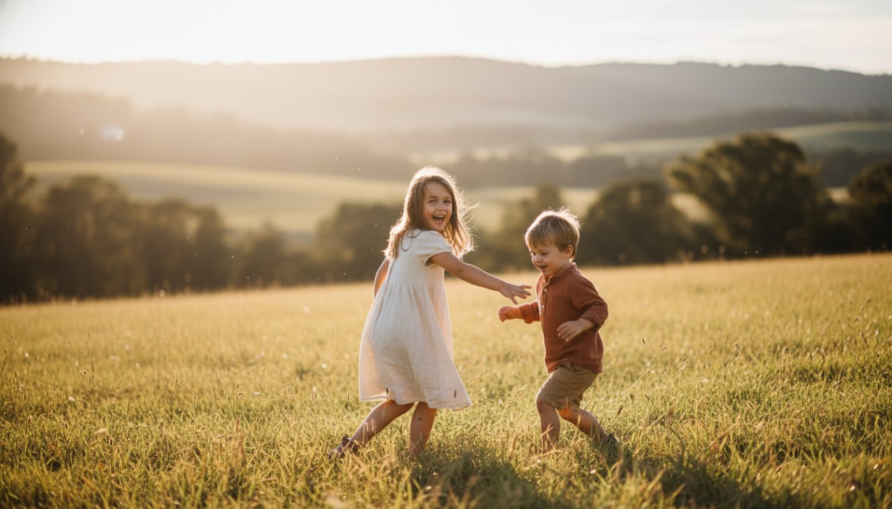 An authentic kids photography moments Launching Victoria photo, showcasing two children laughing joyfully amidst the golden hour sunlight in a scenic paddock near the Launching Yarra River, celebrating pure, unposed childhood bliss.