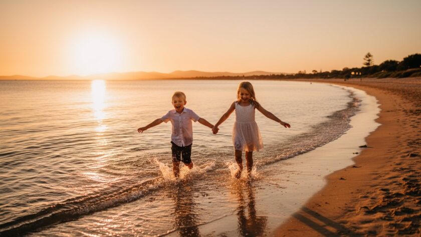 An epic moment of two young siblings laughing joyfully on Safety Beach, bathed in golden hour light, embodying Authentic Kids Photography Safety Beach Playful Moments, with the calm bay and a distant boat in the background.