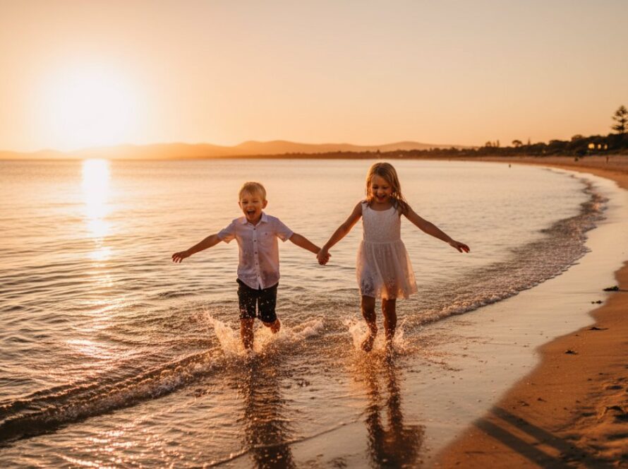 An epic moment of two young siblings laughing joyfully on Safety Beach, bathed in golden hour light, embodying Authentic Kids Photography Safety Beach Playful Moments, with the calm bay and a distant boat in the background.