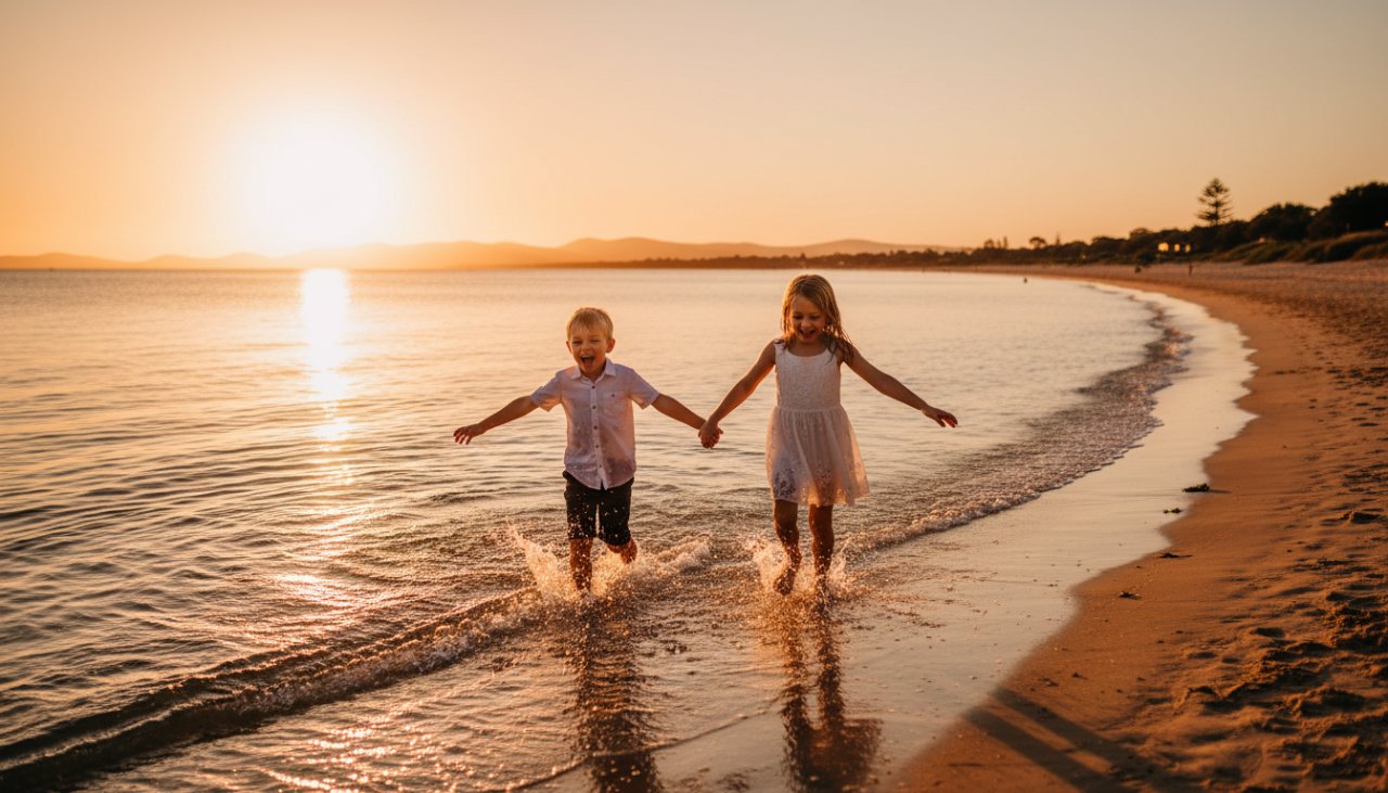 An epic moment of two young siblings laughing joyfully on Safety Beach, bathed in golden hour light, embodying Authentic Kids Photography Safety Beach Playful Moments, with the calm bay and a distant boat in the background.