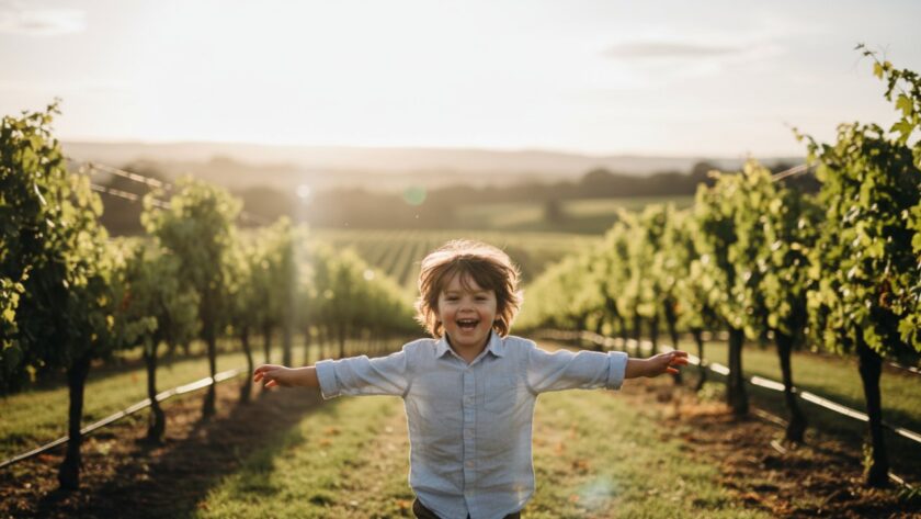 An epic moment of a child laughing joyfully while running through a sun-dappled vineyard in Seville, Victoria, bathed in golden hour light, perfectly encapsulating authentic kids photography Seville Victoria Yarra Valley.
