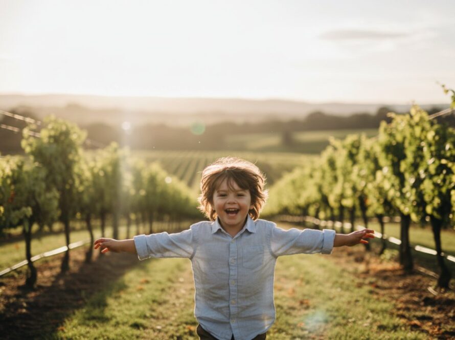 An epic moment of a child laughing joyfully while running through a sun-dappled vineyard in Seville, Victoria, bathed in golden hour light, perfectly encapsulating authentic kids photography Seville Victoria Yarra Valley.