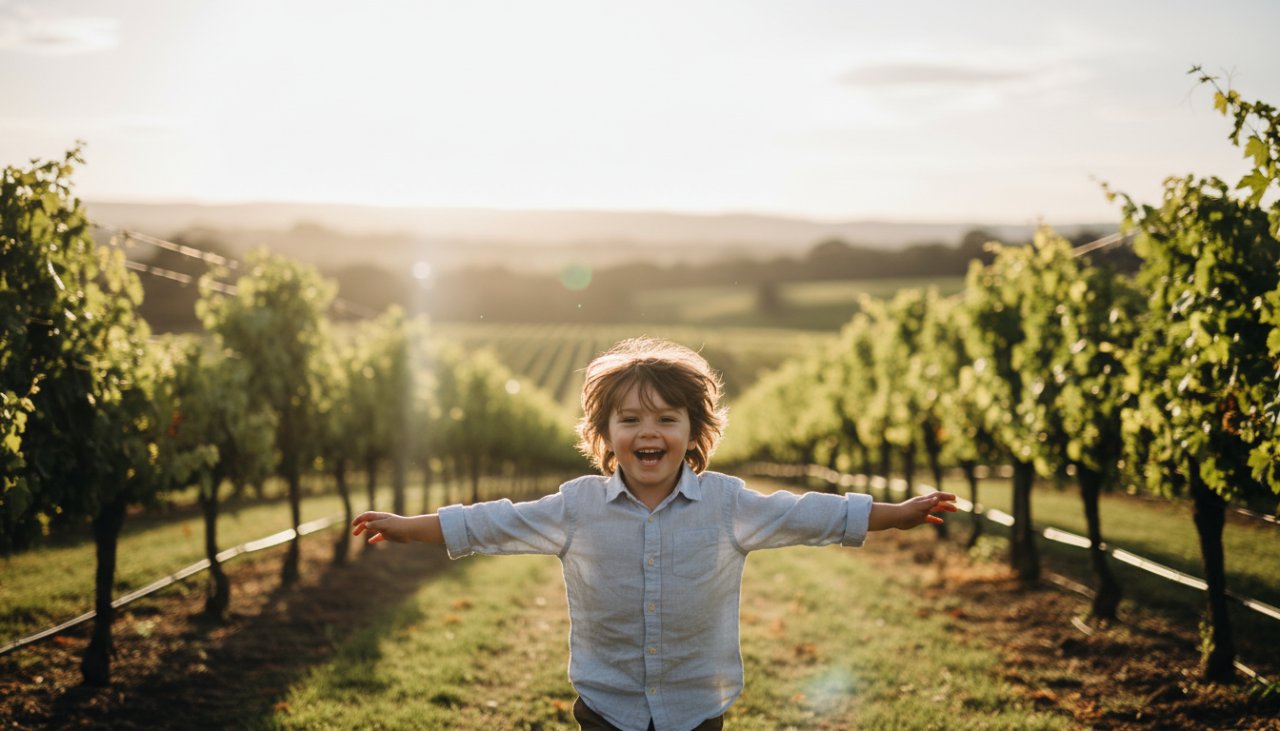 An epic moment of a child laughing joyfully while running through a sun-dappled vineyard in Seville, Victoria, bathed in golden hour light, perfectly encapsulating authentic kids photography Seville Victoria Yarra Valley.