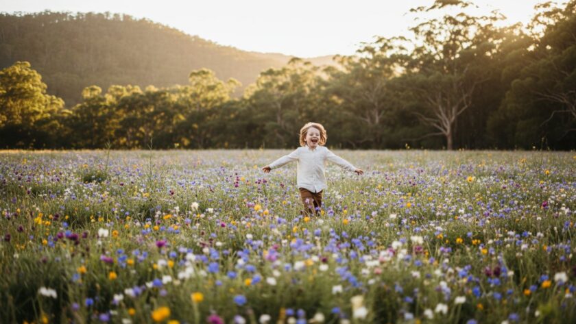 A vibrant, candid photograph capturing a child's pure joy amidst the lush, sun-dappled Australian bushland of Tremont, Victoria, showcasing authentic kids photography Tremont Victoria natural light.