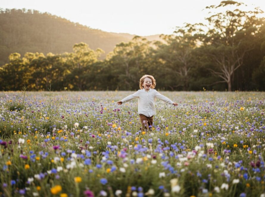 A vibrant, candid photograph capturing a child's pure joy amidst the lush, sun-dappled Australian bushland of Tremont, Victoria, showcasing authentic kids photography Tremont Victoria natural light.