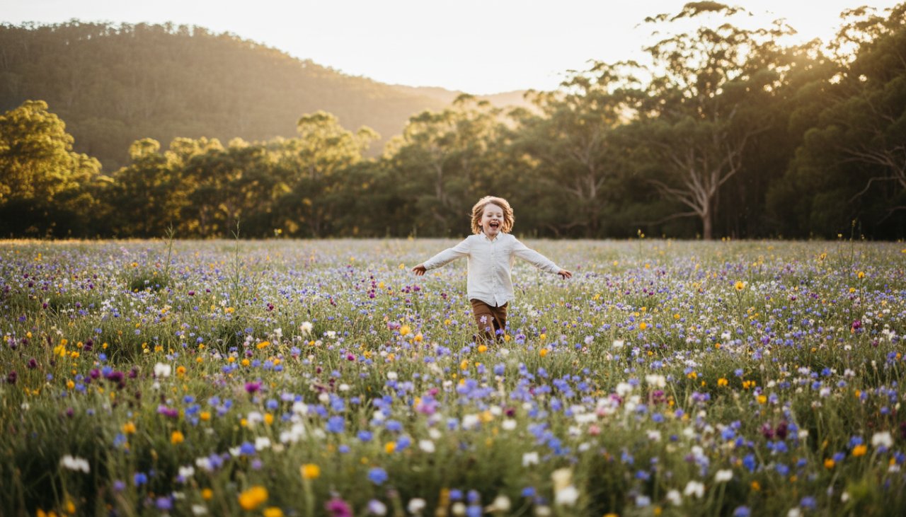 A vibrant, candid photograph capturing a child's pure joy amidst the lush, sun-dappled Australian bushland of Tremont, Victoria, showcasing authentic kids photography Tremont Victoria natural light.