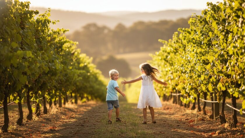 Two joyful children running hand-in-hand through a sun-drenched vineyard at sunset in Yarra Glen, Victoria, showcasing authentic kids photography Yarra Glen vineyards, with soft golden light highlighting their laughter and movement.