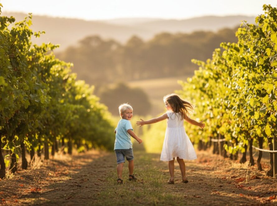 Two joyful children running hand-in-hand through a sun-drenched vineyard at sunset in Yarra Glen, Victoria, showcasing authentic kids photography Yarra Glen vineyards, with soft golden light highlighting their laughter and movement.