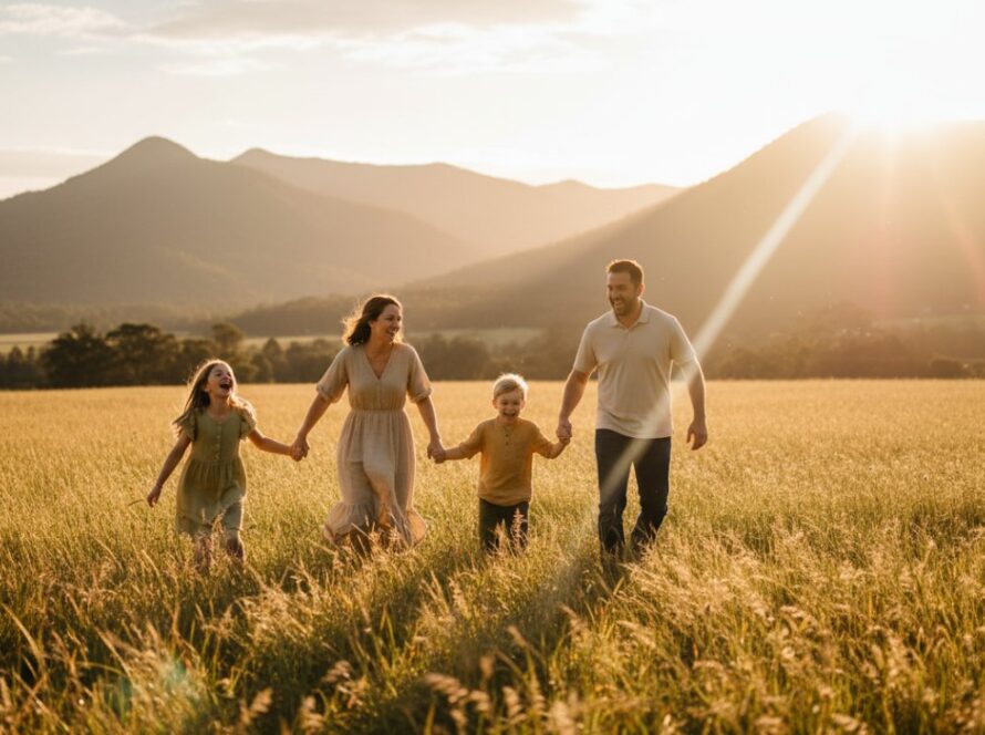 An authentic Montrose family photography experience captured at sunset, showing a family of four laughing joyfully in a sun-drenched field with the Dandenong Ranges in the background, depicting a heartfelt, candid 'epic moment'.
