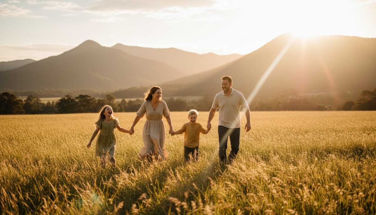 An authentic Montrose family photography experience captured at sunset, showing a family of four laughing joyfully in a sun-drenched field with the Dandenong Ranges in the background, depicting a heartfelt, candid 'epic moment'.