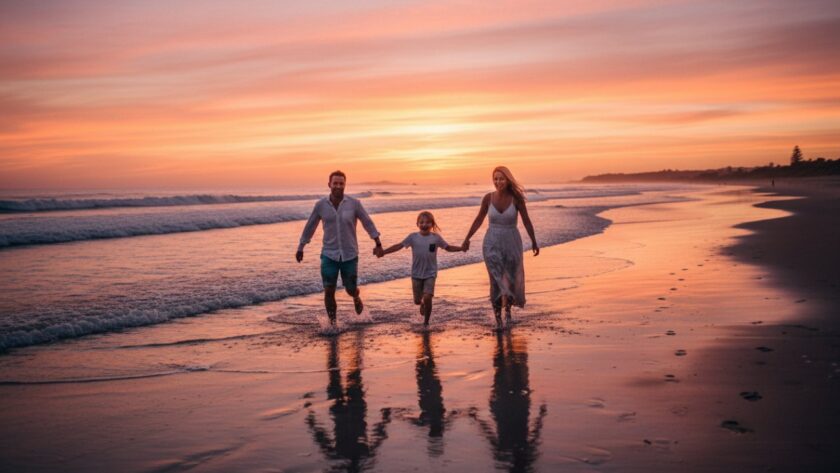 An authentic Mornington family photography experience capturing a joyous moment of a family silhouetted against a vibrant sunset on a Mornington beach, children laughing as parents embrace.