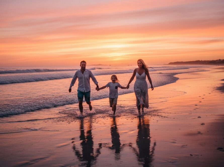 An authentic Mornington family photography experience capturing a joyous moment of a family silhouetted against a vibrant sunset on a Mornington beach, children laughing as parents embrace.