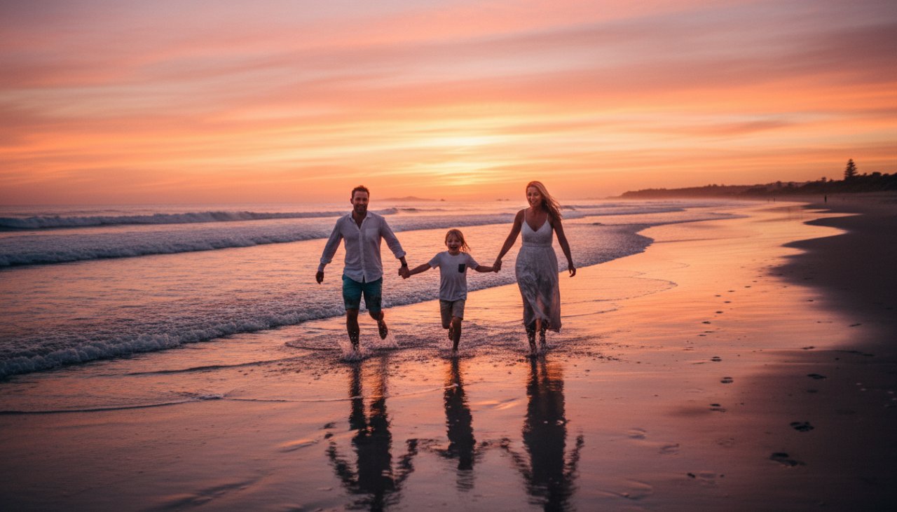An authentic Mornington family photography experience capturing a joyous moment of a family silhouetted against a vibrant sunset on a Mornington beach, children laughing as parents embrace.