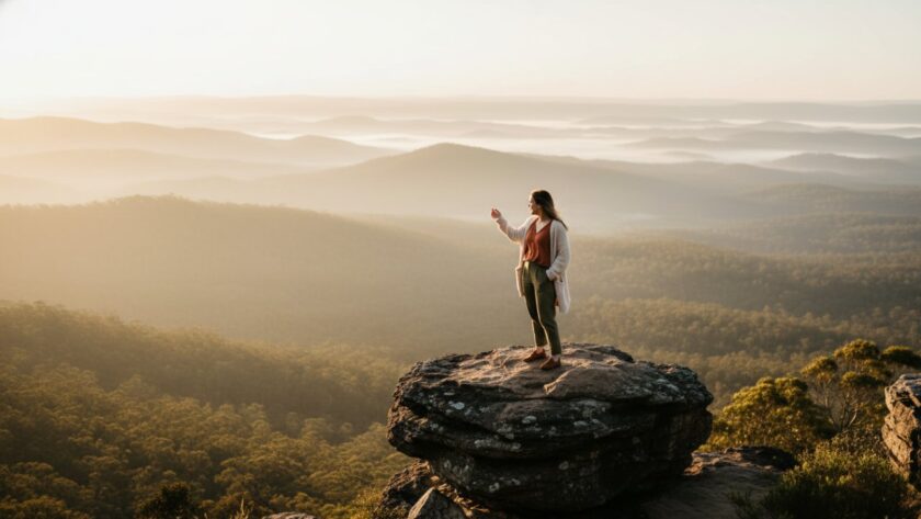 An inspiring shot for authentic Mount Dandenong branding photography: a creative entrepreneur stands triumphantly on a scenic overlook in the Dandenong Ranges, morning light illuminating her and the misty eucalyptus forests below, exuding confidence and connection to nature.