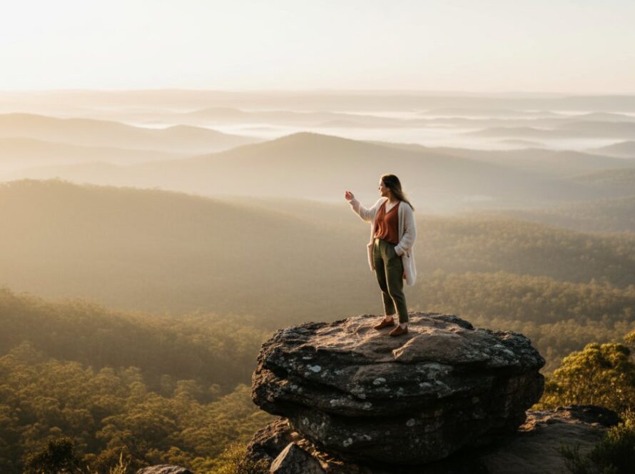 An inspiring shot for authentic Mount Dandenong branding photography: a creative entrepreneur stands triumphantly on a scenic overlook in the Dandenong Ranges, morning light illuminating her and the misty eucalyptus forests below, exuding confidence and connection to nature.