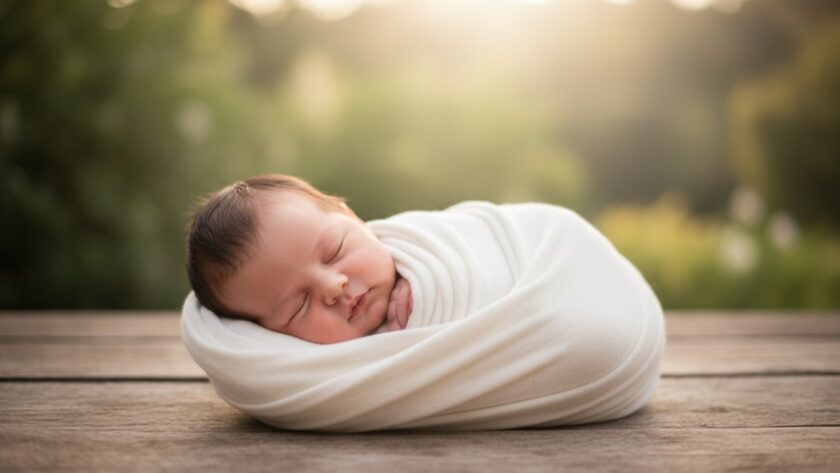 An authentic newborn baby photography Belgrave Heights VIC epic moment, showing a serene baby nestled in a soft, cream wrap, bathed in warm, gentle natural light from a window, with a parent's loving hand gently cradling their tiny head, creating a tender, intimate portrait.