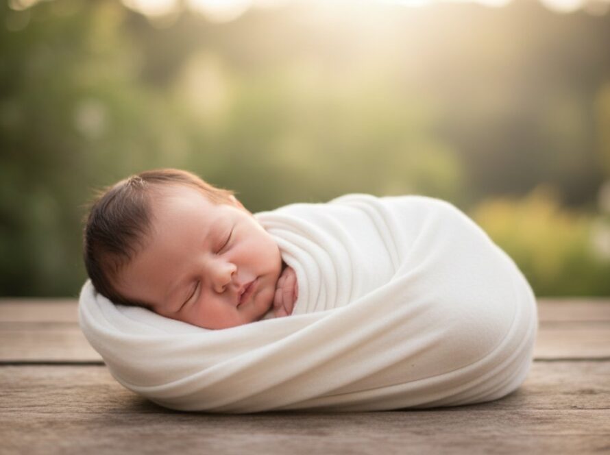 An authentic newborn baby photography Belgrave Heights VIC epic moment, showing a serene baby nestled in a soft, cream wrap, bathed in warm, gentle natural light from a window, with a parent's loving hand gently cradling their tiny head, creating a tender, intimate portrait.