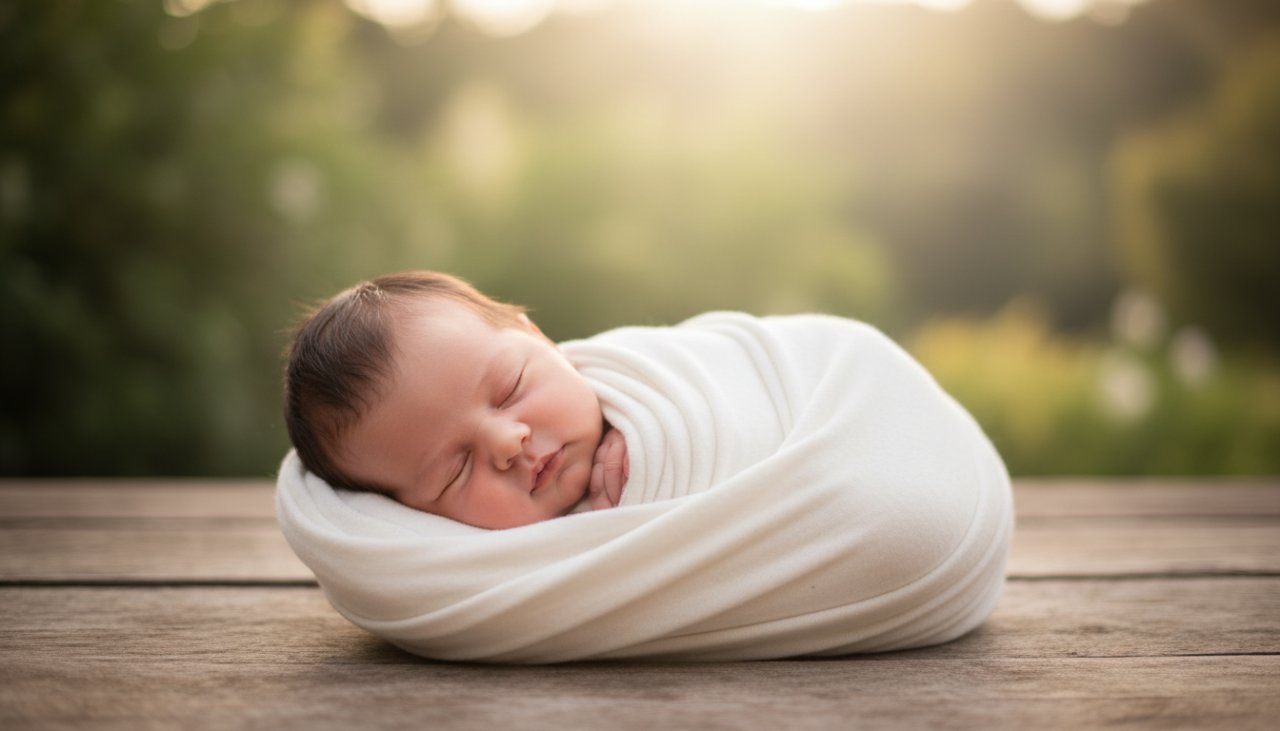 An authentic newborn baby photography Belgrave Heights VIC epic moment, showing a serene baby nestled in a soft, cream wrap, bathed in warm, gentle natural light from a window, with a parent's loving hand gently cradling their tiny head, creating a tender, intimate portrait.