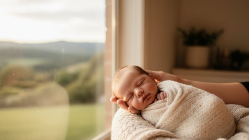 An intimate, heartwarming 'epic moment' photograph featuring authentic newborn photography Belgrave Heights families would adore, capturing a serene baby sleeping peacefully, nestled in a soft, organic wrap by a sun-dappled window, with parents' hands gently cradling the infant, showcasing the beautiful, natural light of a Belgrave Heights home.