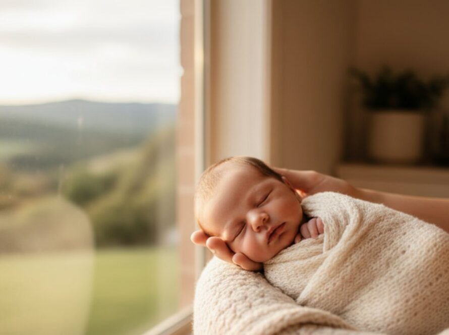 An intimate, heartwarming 'epic moment' photograph featuring authentic newborn photography Belgrave Heights families would adore, capturing a serene baby sleeping peacefully, nestled in a soft, organic wrap by a sun-dappled window, with parents' hands gently cradling the infant, showcasing the beautiful, natural light of a Belgrave Heights home.