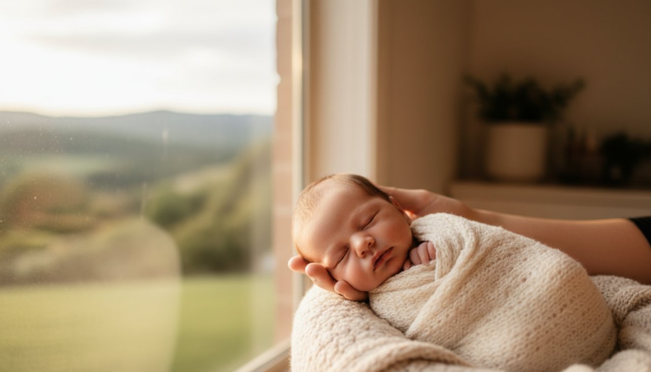 An intimate, heartwarming 'epic moment' photograph featuring authentic newborn photography Belgrave Heights families would adore, capturing a serene baby sleeping peacefully, nestled in a soft, organic wrap by a sun-dappled window, with parents' hands gently cradling the infant, showcasing the beautiful, natural light of a Belgrave Heights home.