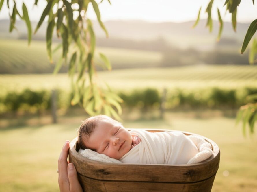 A tender, close-up photograph capturing authentic newborn photography Seville Victoria, showing a baby's tiny hand gently grasping a parent's finger amidst soft, natural light, framed by rustic, natural elements evoking the Yarra Valley.