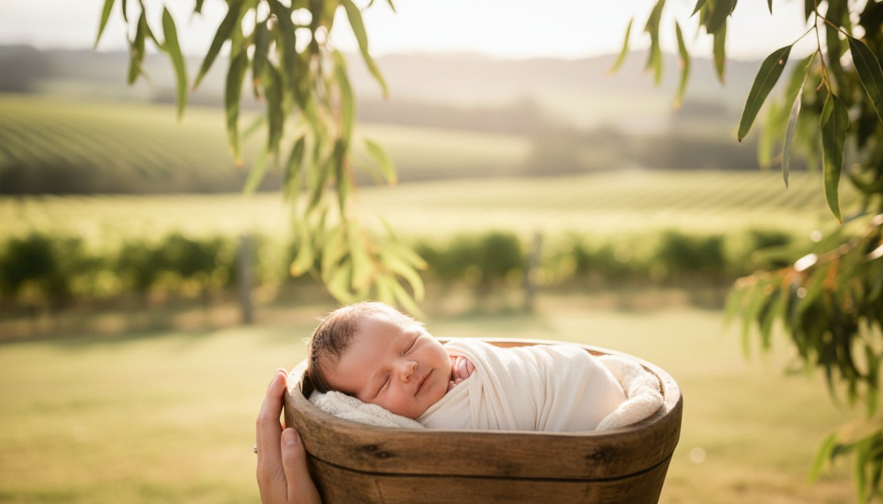A tender, close-up photograph capturing authentic newborn photography Seville Victoria, showing a baby's tiny hand gently grasping a parent's finger amidst soft, natural light, framed by rustic, natural elements evoking the Yarra Valley.