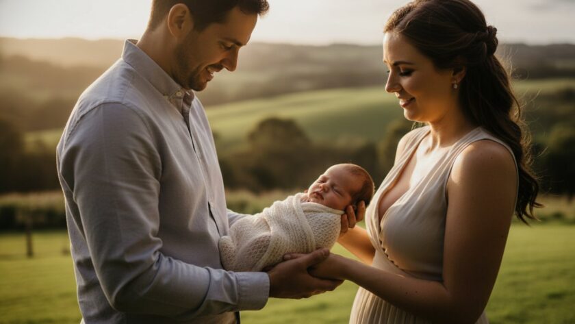 An emotionally powerful, 'epic moment' photograph capturing authentic newborn photography Steels Creek families, featuring a baby nestled peacefully in parents' arms, bathed in golden hour light with the rolling hills of Steels Creek in the soft background, conveying a sense of love and serenity.