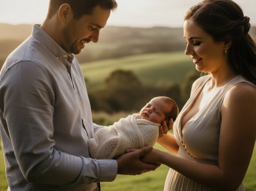 An emotionally powerful, 'epic moment' photograph capturing authentic newborn photography Steels Creek families, featuring a baby nestled peacefully in parents' arms, bathed in golden hour light with the rolling hills of Steels Creek in the soft background, conveying a sense of love and serenity.