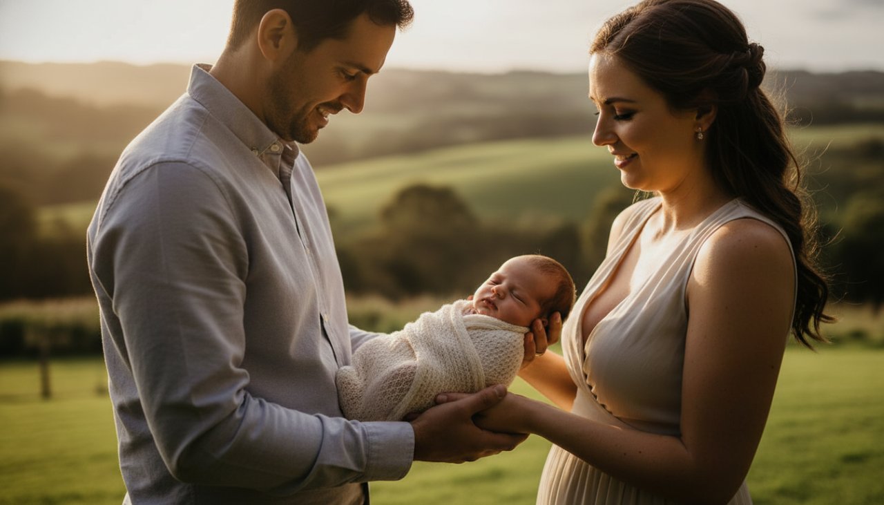 An emotionally powerful, 'epic moment' photograph capturing authentic newborn photography Steels Creek families, featuring a baby nestled peacefully in parents' arms, bathed in golden hour light with the rolling hills of Steels Creek in the soft background, conveying a sense of love and serenity.