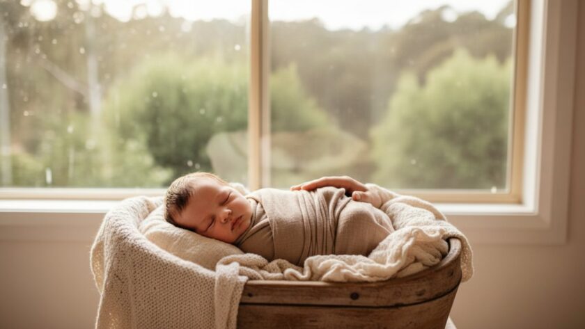A stunning, soft-focus portrait capturing authentic newborn photography Tremont family moments, with a baby sleeping peacefully on a plush blanket, bathed in natural window light, parents' hands gently reassuring nearby.