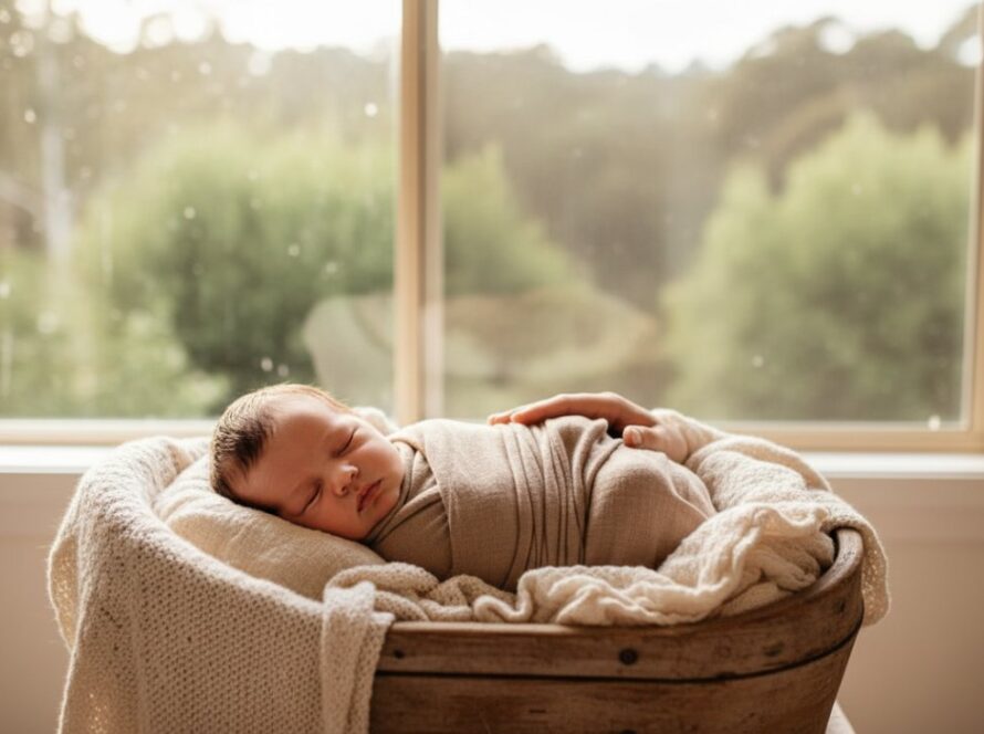 A stunning, soft-focus portrait capturing authentic newborn photography Tremont family moments, with a baby sleeping peacefully on a plush blanket, bathed in natural window light, parents' hands gently reassuring nearby.