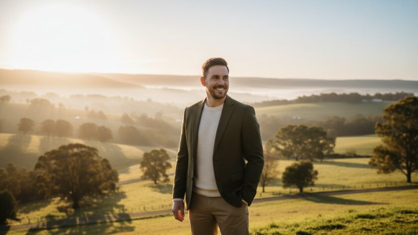 A compelling, naturally lit authentic personal branding Gembrook professional headshots Victoria photograph, featuring a confident professional against a soft, sun-drenched Gembrook landscape, conveying ambition and authenticity.