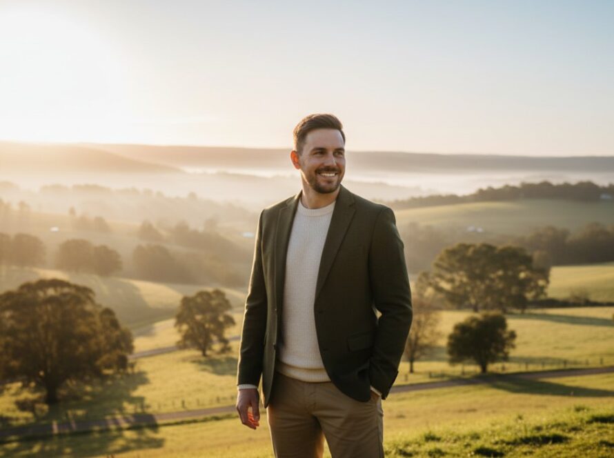 A compelling, naturally lit authentic personal branding Gembrook professional headshots Victoria photograph, featuring a confident professional against a soft, sun-drenched Gembrook landscape, conveying ambition and authenticity.