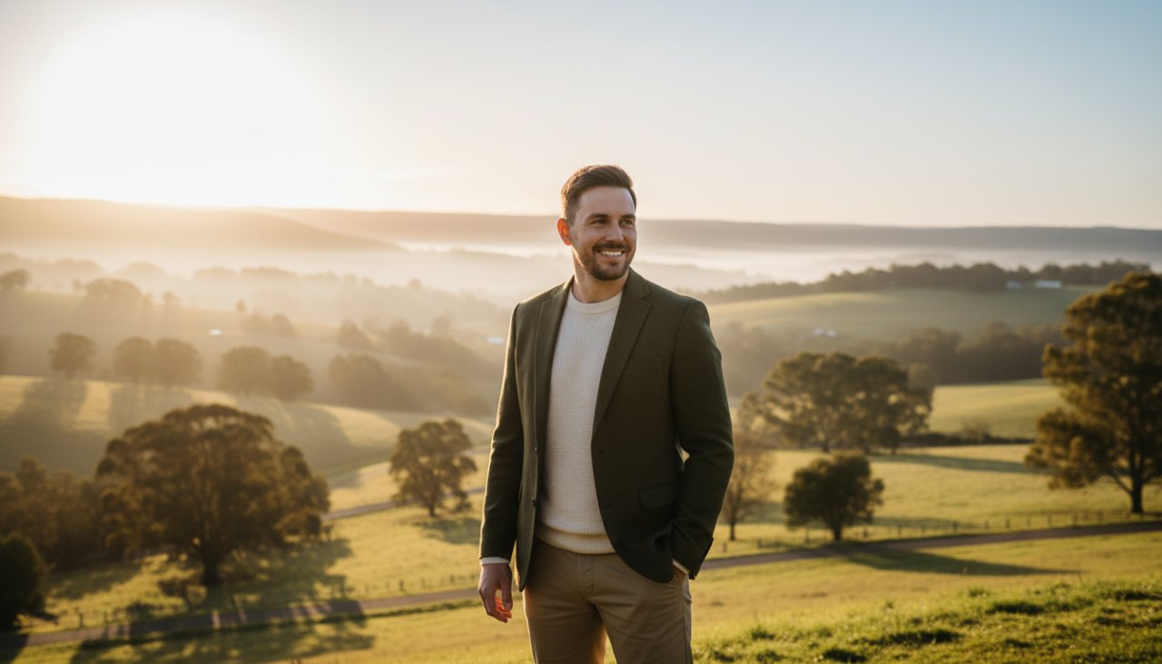 A compelling, naturally lit authentic personal branding Gembrook professional headshots Victoria photograph, featuring a confident professional against a soft, sun-drenched Gembrook landscape, conveying ambition and authenticity.