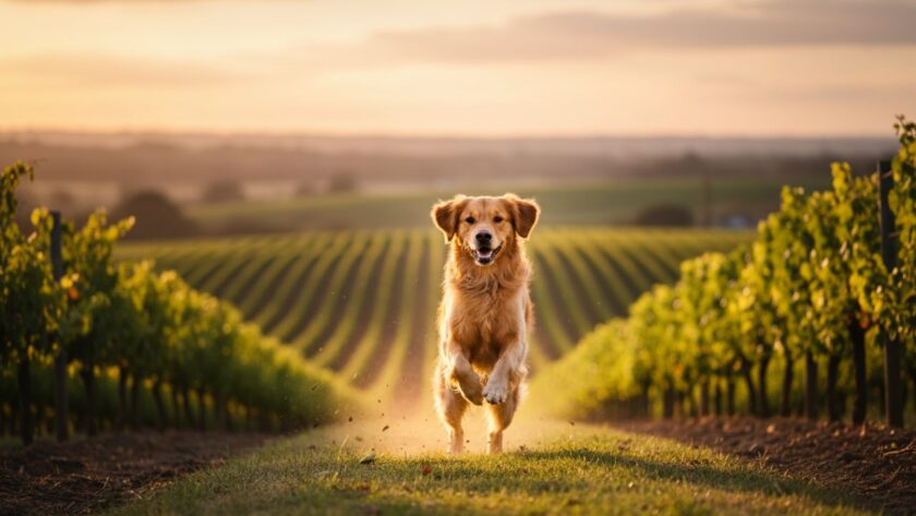 A joyful Golden Retriever mid-leap, playing in a sunlit Yering vineyard, capturing an authentic pet photography Yering Valley vineyard backdrops moment.