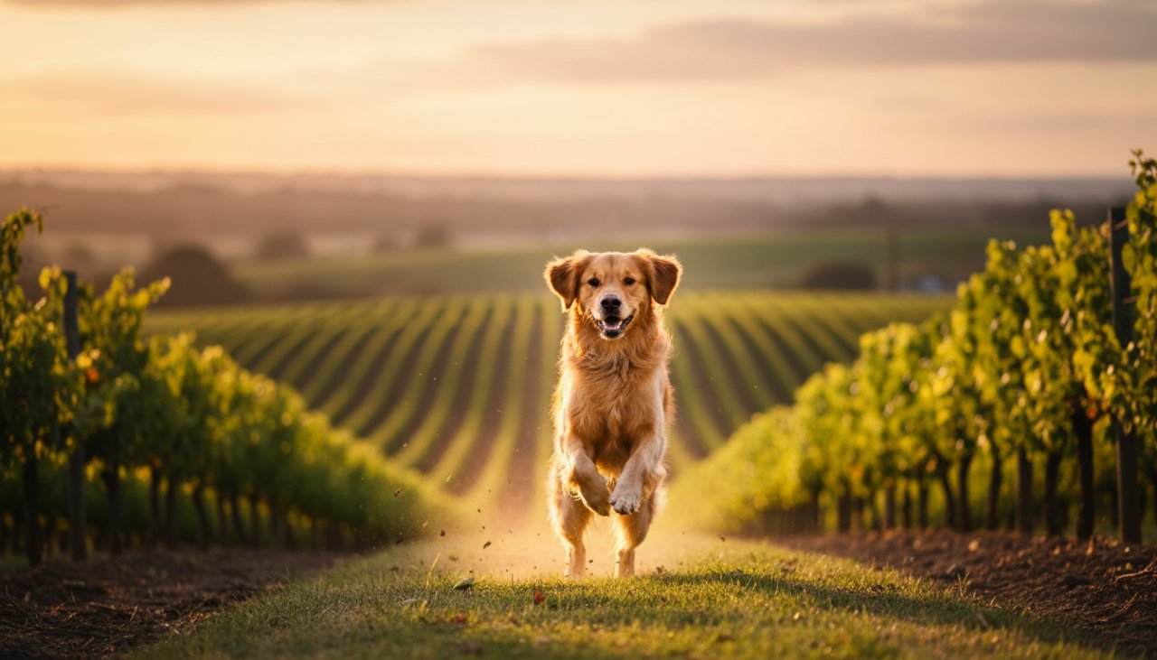 A joyful Golden Retriever mid-leap, playing in a sunlit Yering vineyard, capturing an authentic pet photography Yering Valley vineyard backdrops moment.