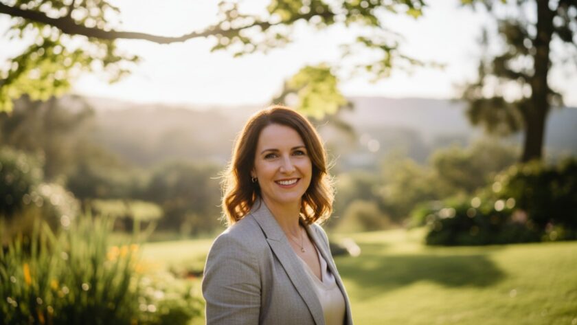 An inspiring, cinematic photograph of a professional woman smiling genuinely, showcasing her Authentic Professional Headshots Belgrave South Victoria, captured with soft, natural light against a blurred backdrop of verdant Dandenong Ranges foliage, symbolising growth and confidence.