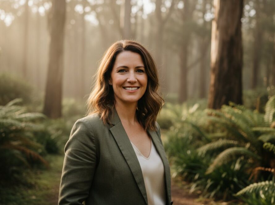 A confident professional posing for authentic professional headshots Ferny Creek Victoria, bathed in soft, natural morning light amidst lush Dandenong Ranges greenery. The subject, in smart casual attire, smiles genuinely, with the serene, misty Ferny Creek forest providing a blurred, elegant backdrop, capturing an epic moment of approachable professionalism.