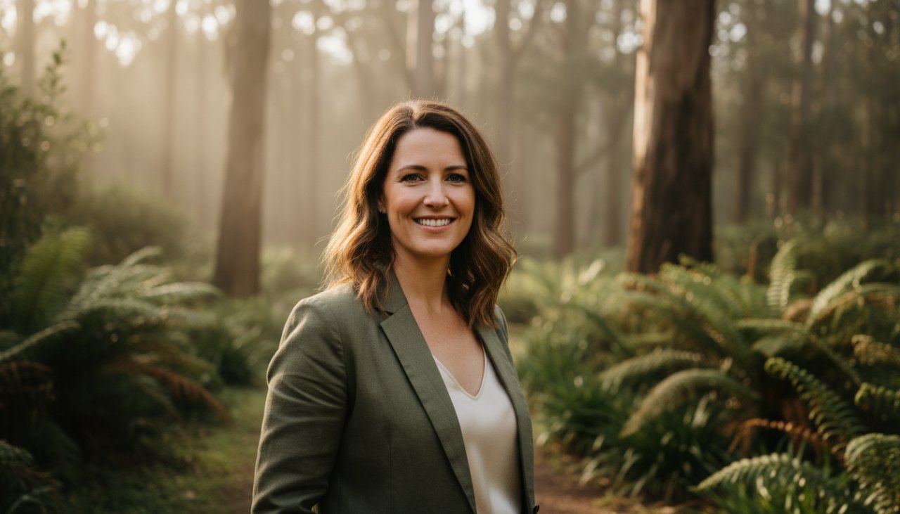 A confident professional posing for authentic professional headshots Ferny Creek Victoria, bathed in soft, natural morning light amidst lush Dandenong Ranges greenery. The subject, in smart casual attire, smiles genuinely, with the serene, misty Ferny Creek forest providing a blurred, elegant backdrop, capturing an epic moment of approachable professionalism.